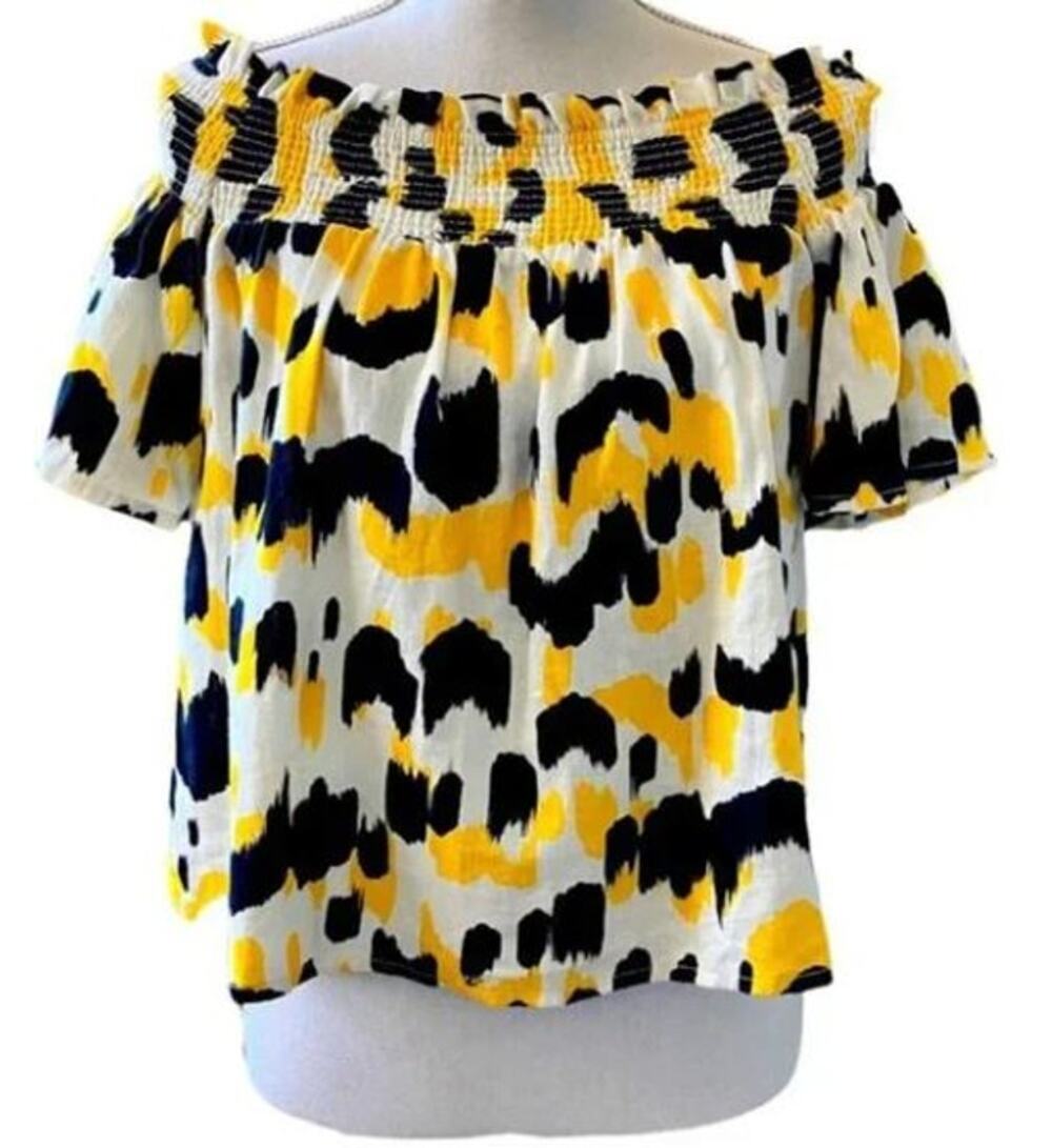 NEW Who What Wear Linen Graphic Smocked Off The Shoulder Short Sleeve Blouse XS